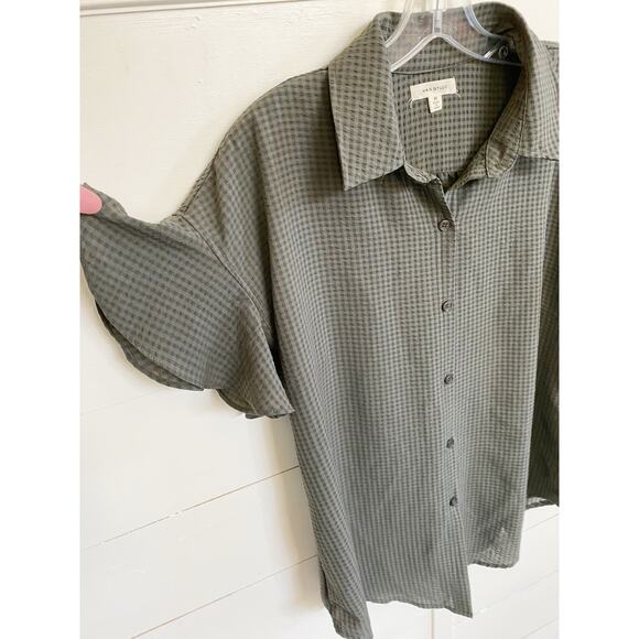 Max Studio Green Checkered Button‎ Up Shirt Flutter Sleeve - M - Picture 5 of 10